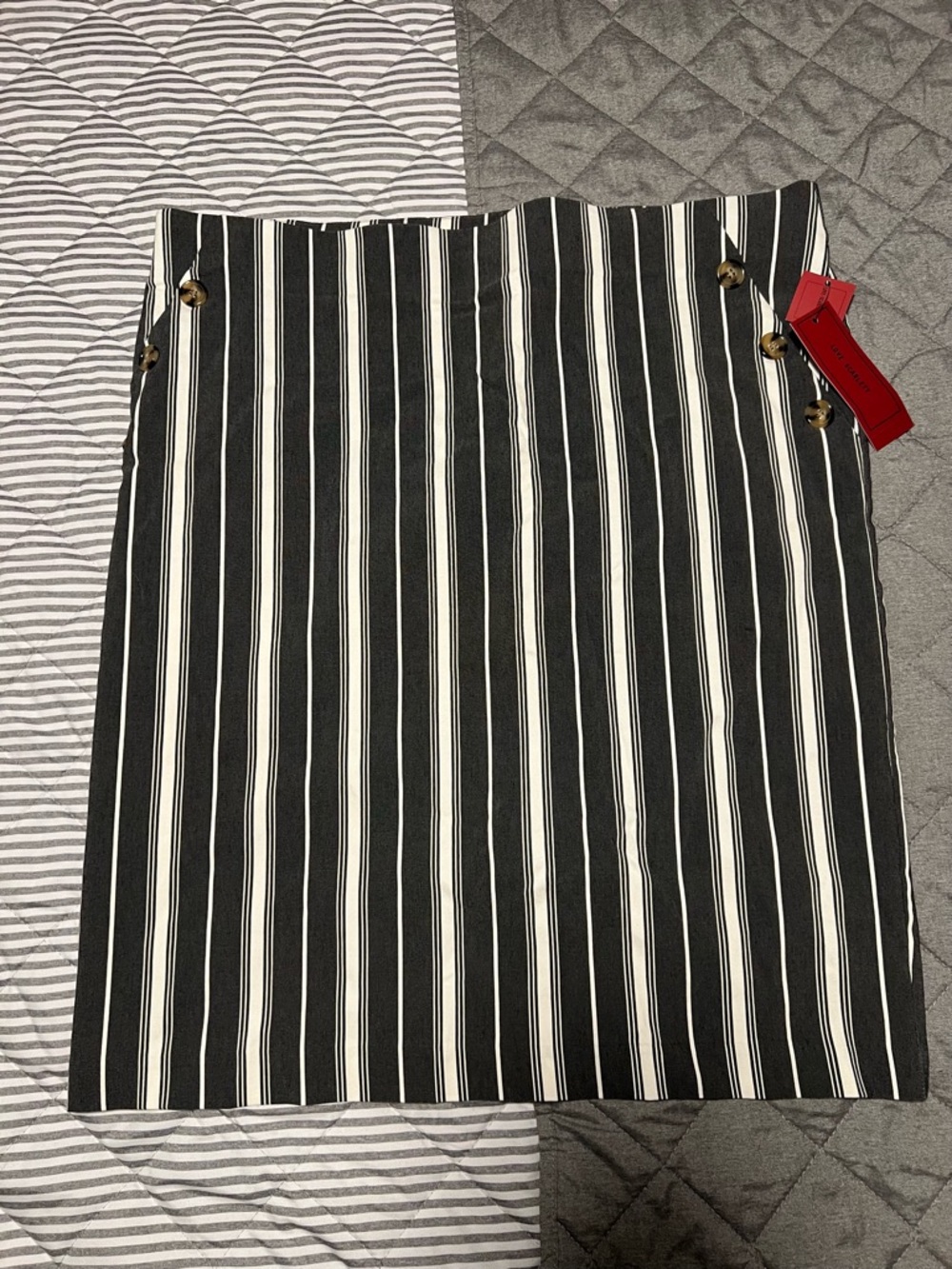 Woman’s Black and White Striped Button-Accent Pencil Skirt